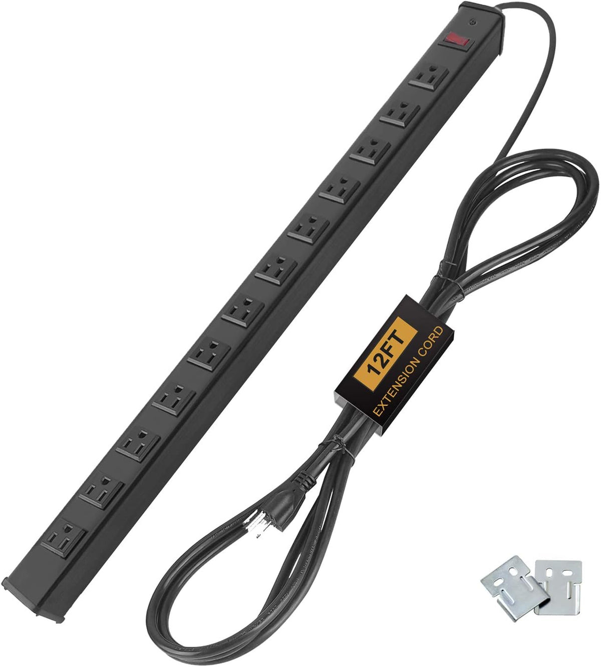 12-Outlet Heavy Duty Metal Power Strip, 12ft Cord, Black Pack of 2 Z5629