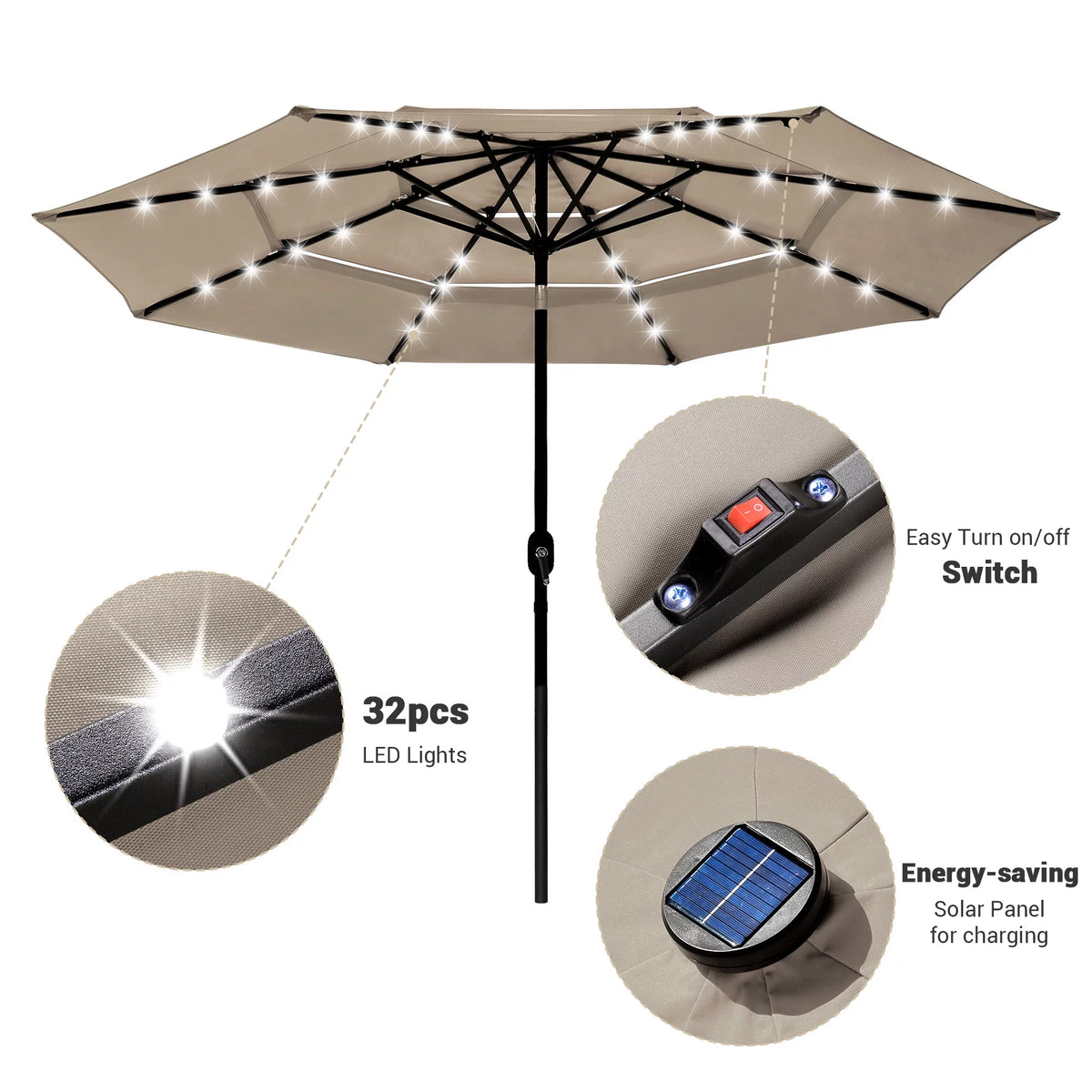 10 Ft 3 Tier Solar LED Patio Umbrella O409954