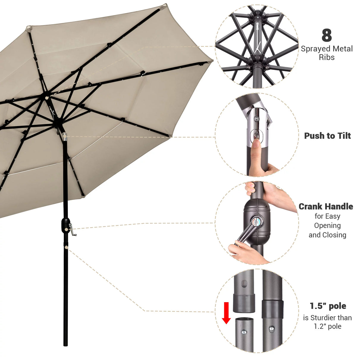 10 Ft 3 Tier Solar LED Patio Umbrella O409954