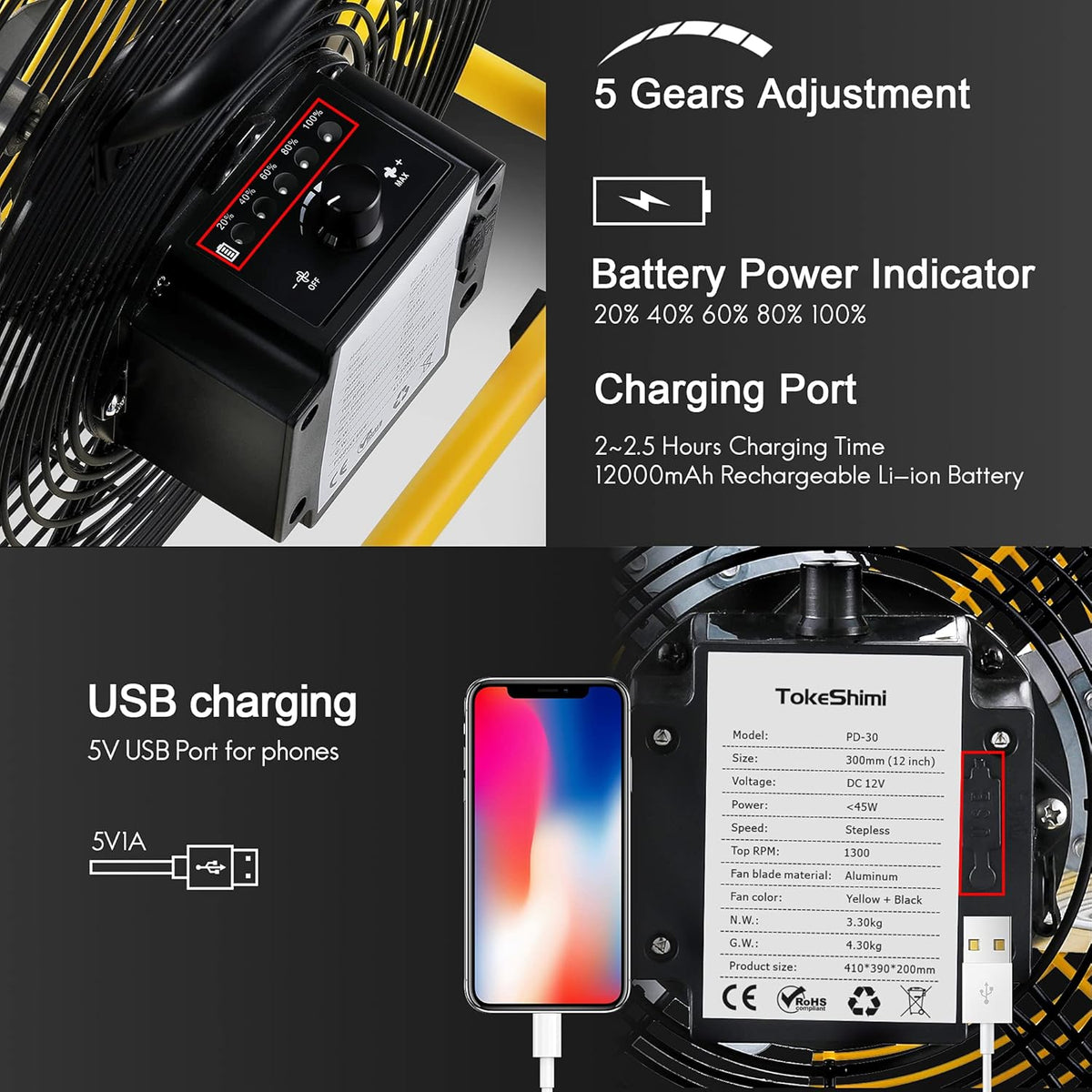12 Inch Battery Powered Portable Fan with Metal Blade G714