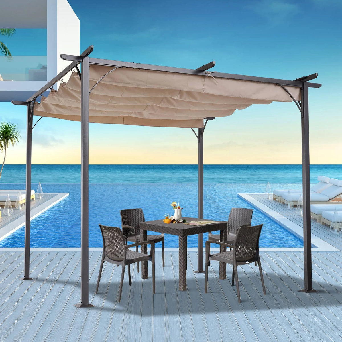 10 Ft Retractable Canopy Steel Frame Pergola Gazebo E938823