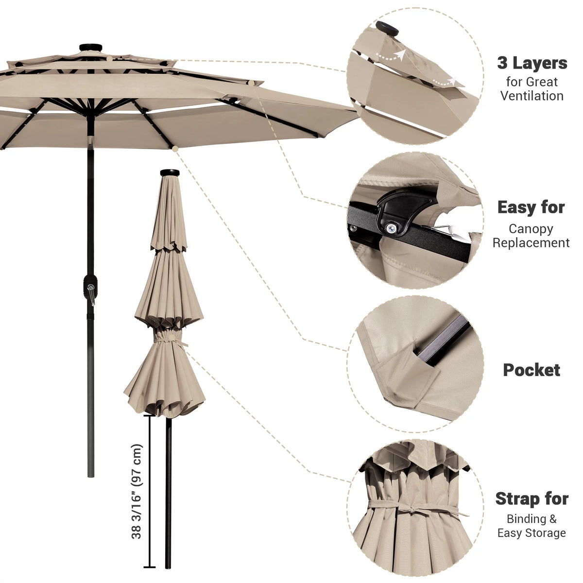 10 Ft 3 Tier Solar LED Patio Umbrella O409954