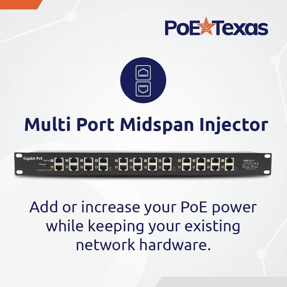 12 Port Gigabit Passive Midspan PoE Injector with 48V 120 Watt UL Power Supply D764846