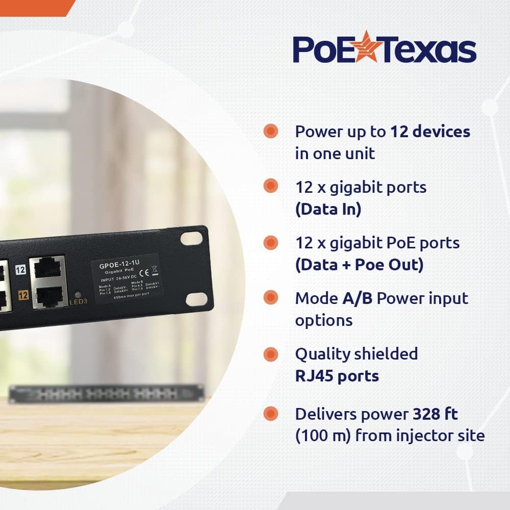 12 Port Gigabit Passive Midspan PoE Injector with 48V 120 Watt UL Power Supply D764846